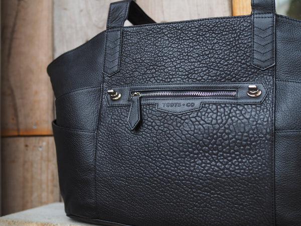 Pinnacle Tote Nappy Bag + Orbit    Matt Black Full Grain Leather