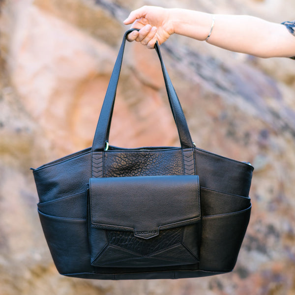 Pinnacle Tote Nappy Bag + Orbit    Matt Black Full Grain Leather