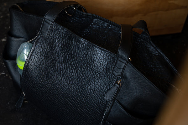 Pinnacle Tote Nappy Bag + Orbit    Matt Black Full Grain Leather