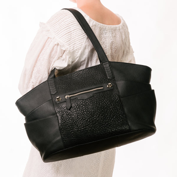 Pinnacle Tote Nappy Bag + Orbit    Matt Black Full Grain Leather