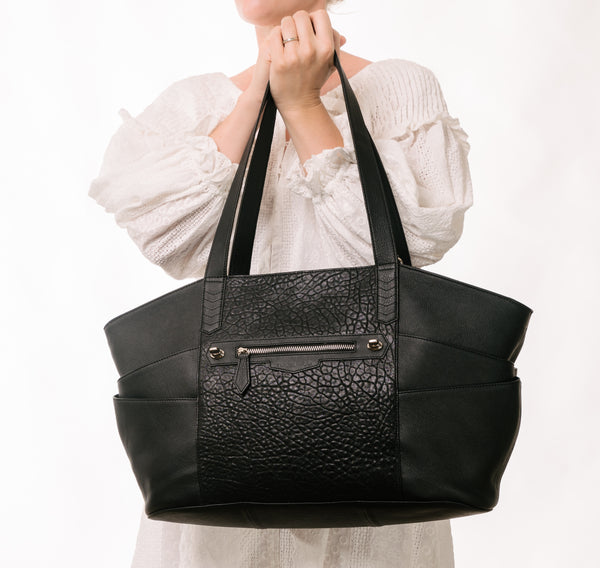 Pinnacle Tote Nappy Bag + Orbit    Matt Black Full Grain Leather