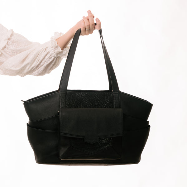 Pinnacle Tote Nappy Bag + Orbit    Matt Black Full Grain Leather