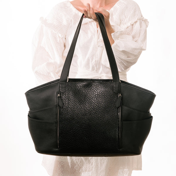 Pinnacle Tote Nappy Bag + Orbit    Matt Black Full Grain Leather