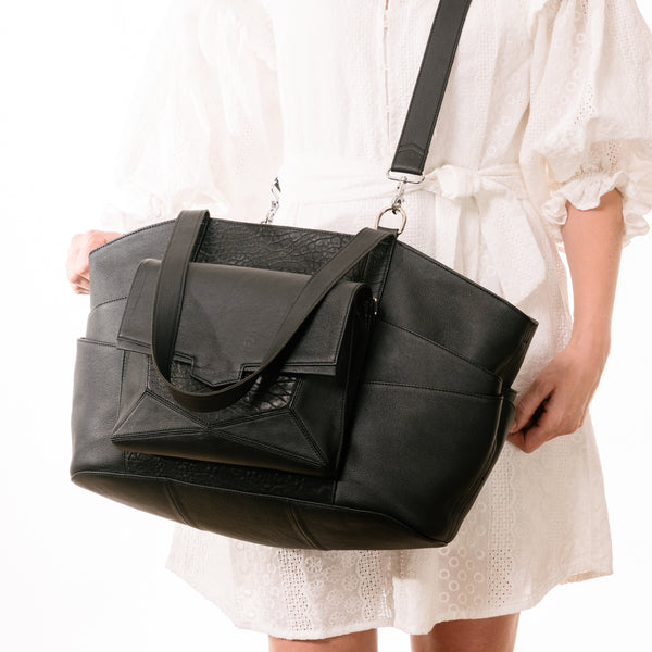 Pinnacle Tote Nappy Bag + Orbit    Matt Black Full Grain Leather